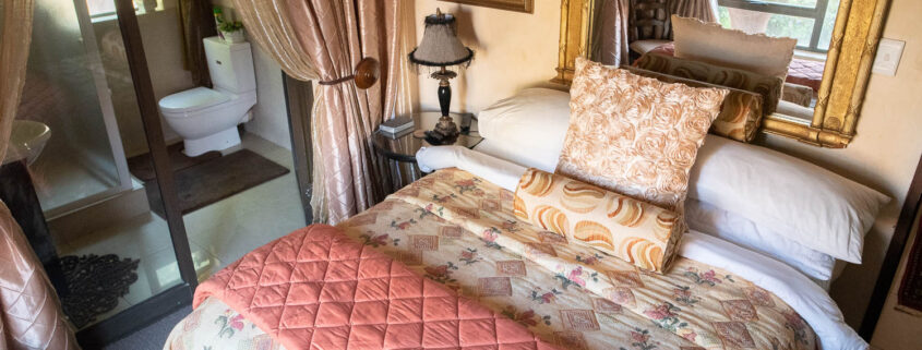 Beautiful Tuscan Style luxury accommodation in Bloemfontein. Room with garden view. Double bed en suite bathroom with shower